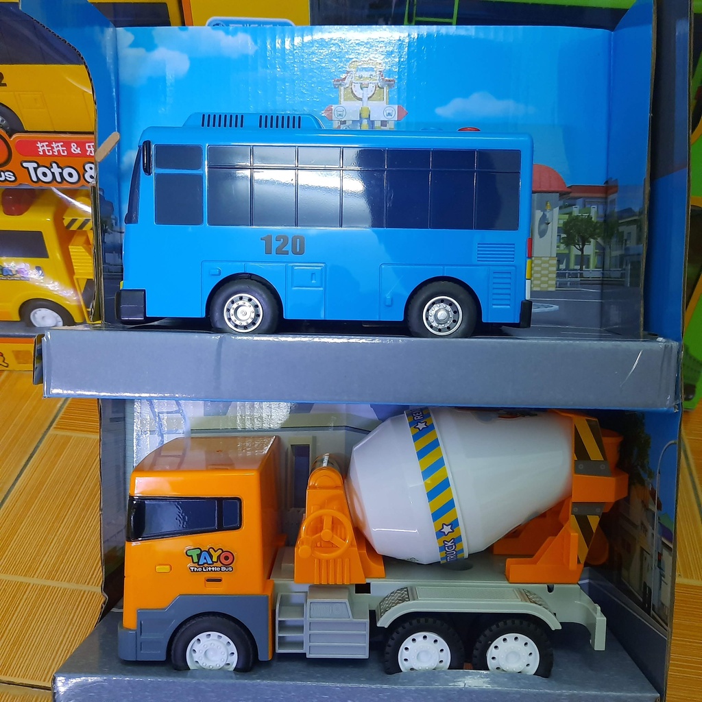 Bộ xe buýt Tayo The little bus gồm 2 xe Tayo và xe trộn bê tông Chris có âm thanh và đèn