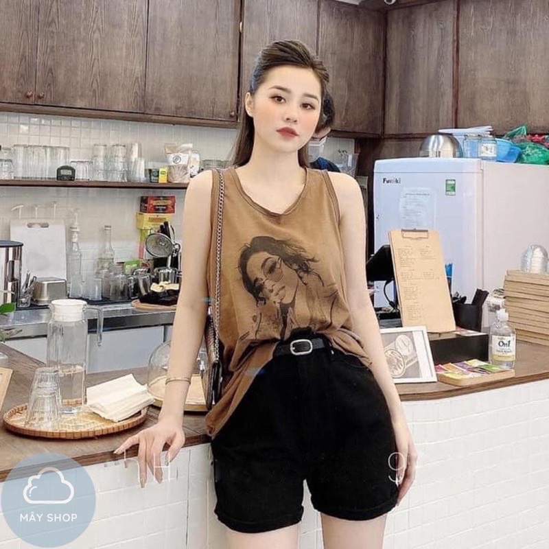 Áo thun giấy sát nách form rộng in hình cô gái tóc bay siêu xinh