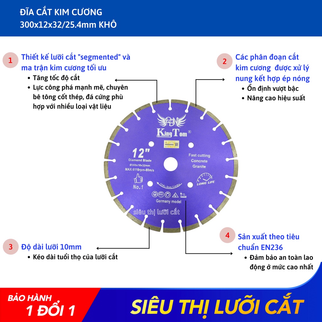 Lưỡi Cắt Granite 300mm KingTom Tím Khô – Chuyên Bê Tông Cốt Thép - Giá Siêu Tốt