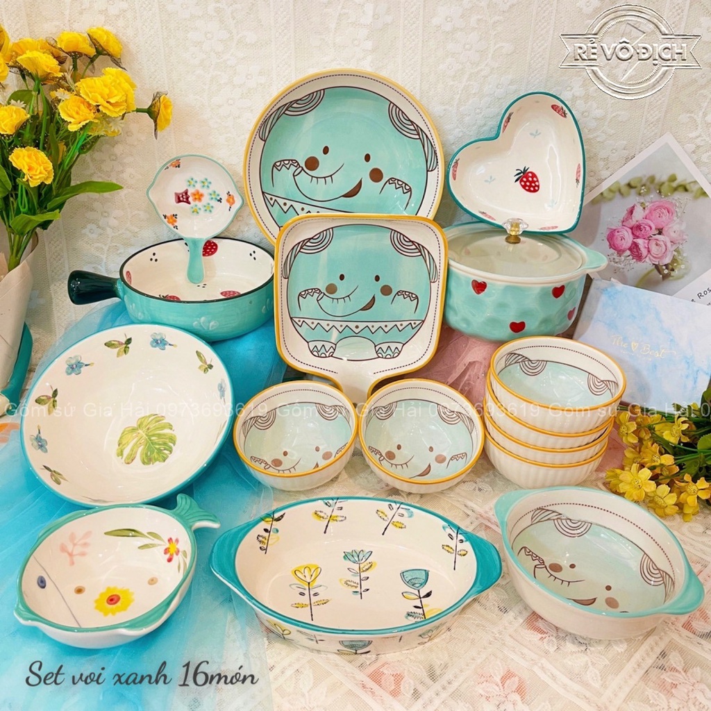 Bát đĩa gốm sứ decor trang trí đồ ăn sét voi xanh 16món cực kỳ đẹp