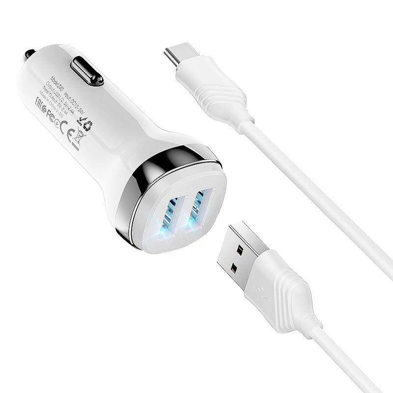 Tẩu sạc ô tô xe hơi oto Hoco Z40 2 cổng USB kèm cáp Type C