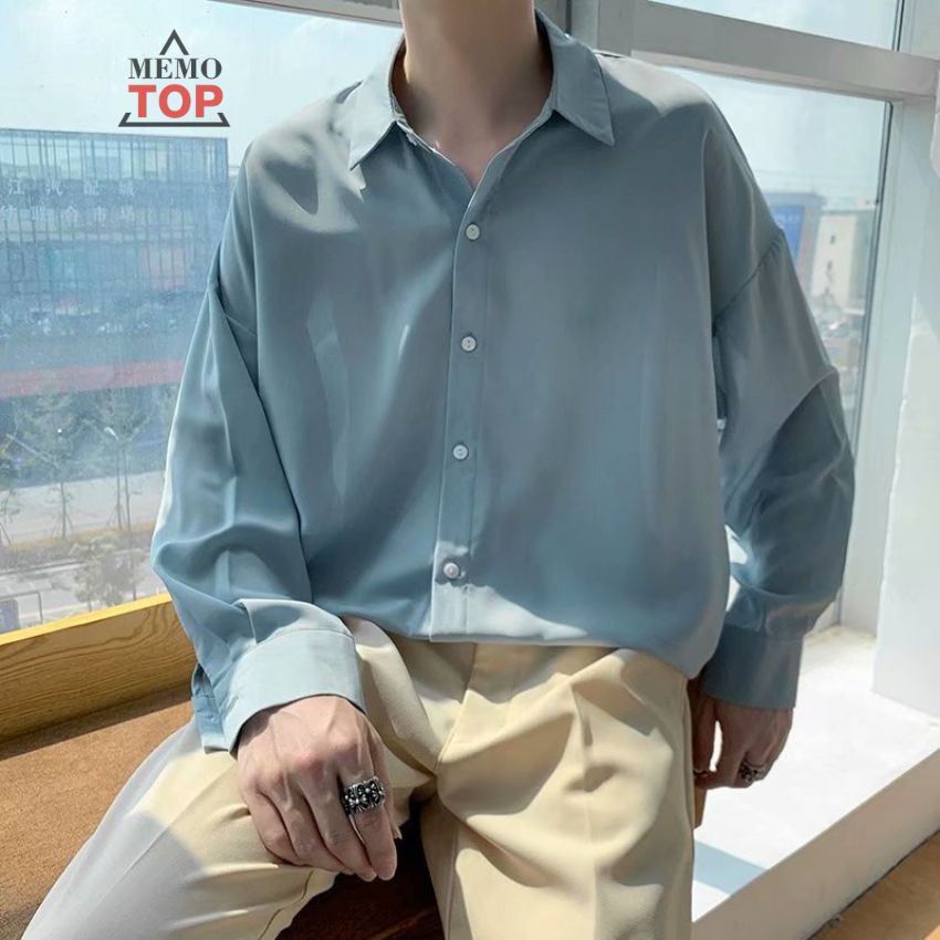 Áo sơ mi nam form rộng dài tay hàn quốc lụa mát giấu cúc đẹp xám xanh trắng đen MEMOTOP MM03