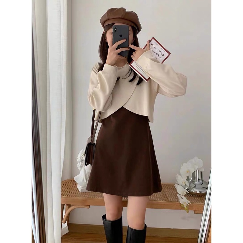 Taobao có sẵn - Set váy ba lỗ kèm áo croptop tay dài 3 màu