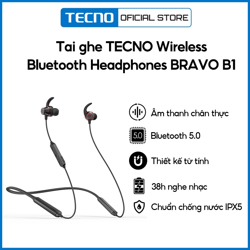 Tai nghe không dây TECNO BRAVO B1 Bluetooth 5.0 | Thiết kế từ tính | 38H nghe nhạc | Chống nước IPX5