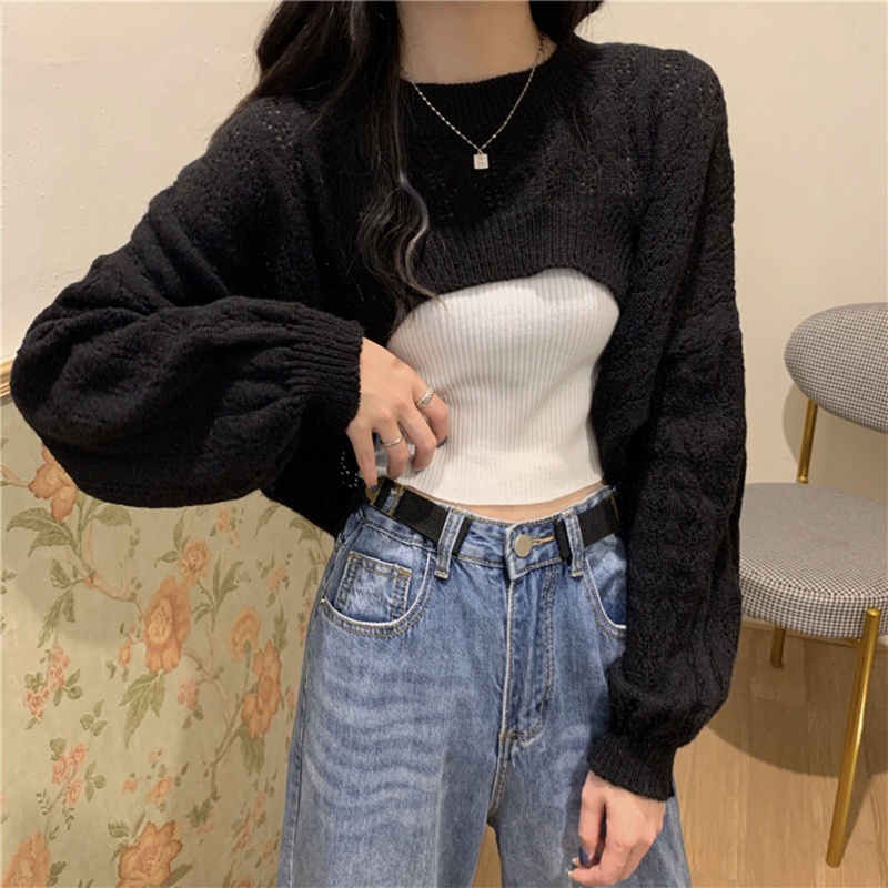 Áo Croptop Dệt Kim Tay Dài Dáng Rộng Màu Trơn Thời Trang Cho Nữ