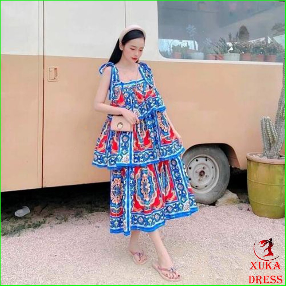 Đầm maxi đi biển họa tiết thổ cẩm xòe tầng 2 dây thắt nơ vai sống ảo siêu xinh XUKA DRESS MT055