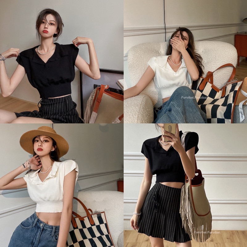 Áo dệt kim SUXI cổ bẻ dáng ôm phong cách Hàn Quốc thời trang mùa hè cho nữ