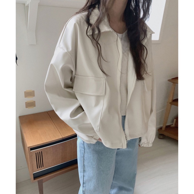 Áo khoác da PU phối túi đơn giản thời trang cho nữ 45925