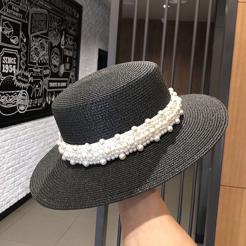 Mũ Cói Rộng Vành Che Nắng Đính Ngọc Trai Phong Cách Retro Pháp Thời Trang Xuân Hè Cho Nữ