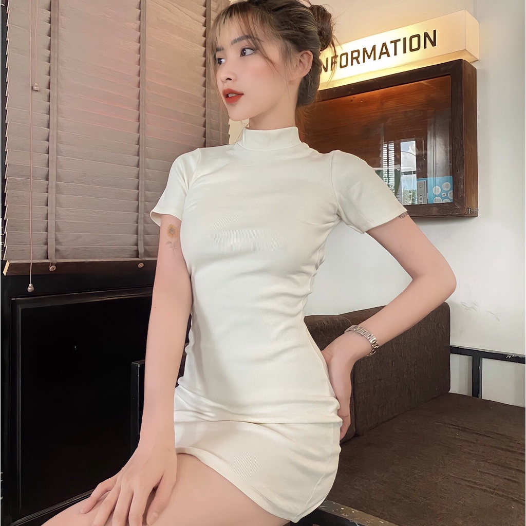 Đầm body thun ôm dáng TOPTIFY ngắn tay trơn khoét lưng co giãn tốt TD04 | BigBuy360 - bigbuy360.vn