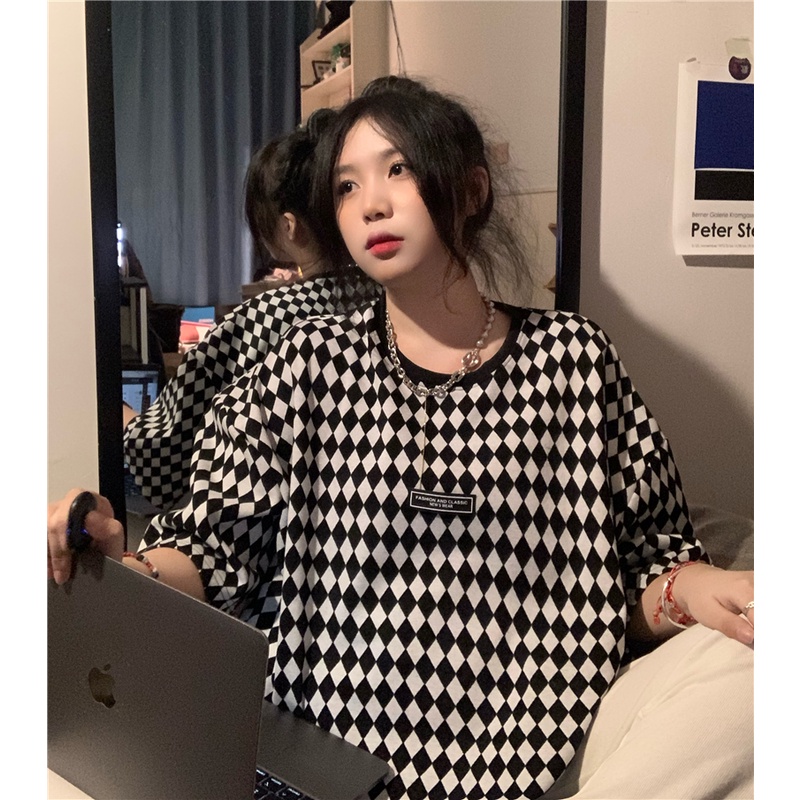 Áo Thun Nữ Ngắn Tay Cổ Tròn Họa Tiết Caro Phong Cách Harajuku retro