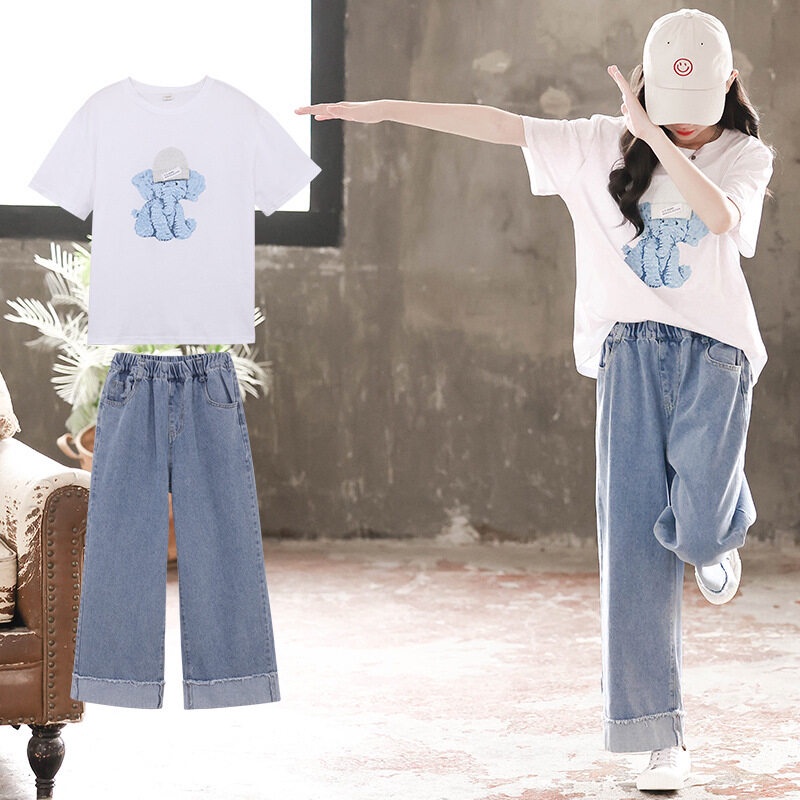 Set Đồ Thể Thao Mùa Hè 2 Món Gồm Áo Thun Tay Cộc + Quần Denim Thời Trang Hàn Quốc Cho Bé Gái 2022 Mới