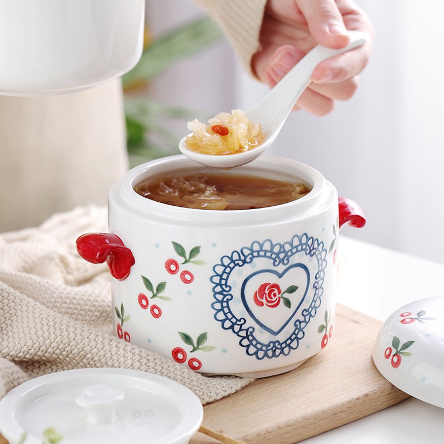 Thố chưng yến bằng sứ cao cấp, hũ chưng yến cách thủy dung tích 450ml - 650ml họa tiết cherry đỏ