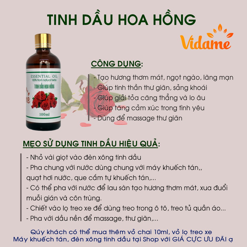 Tinh dầu hoa hồng Canifo 100ml nguyên chất, Hoa hồng tự nhiên cao cấp, Lọ tinh dầu hoa hồng treo xe oto