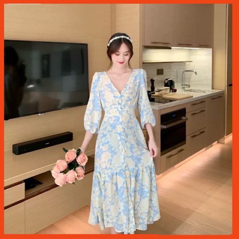 [Mã FAGREEN1505 giảm tới 30K đơn 99K] [Hi Bông] Đầm maxi hoa xanh trắng cổ chữ V tay phồng | BigBuy360 - bigbuy360.vn