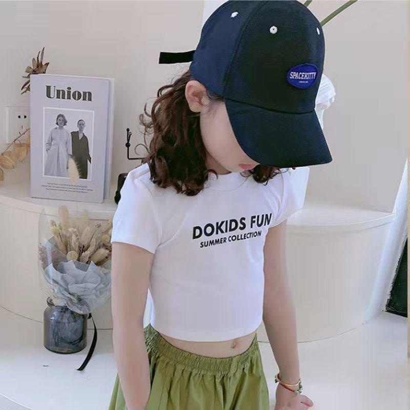 Áo Thun Lửng Tay Ngắn Hở Bụng 50% Cotton Màu Đen Thời Trang Cho Bé Gái