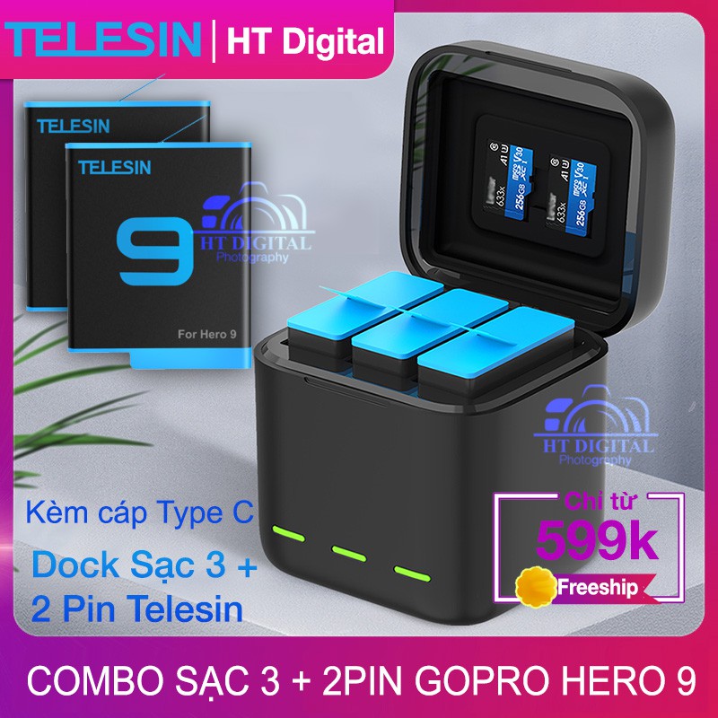 Dock Sạc 3 + 2 Pin Telesin Có Nắp Đậy - Hộp Sạc Pin GoPro Hero 9 10 Telesin - Pin Máy Quay Hành Trình GoPro Hero 10