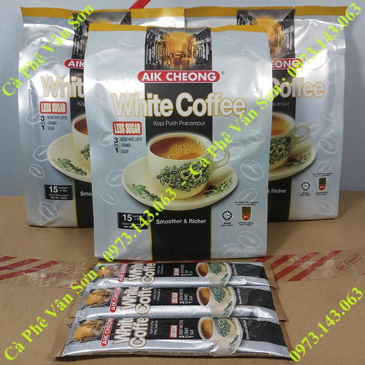 03 bịch Cà phê ít đường Aik Cheong White Coffee (less sugar) 600g (15 gói dài * 40g)