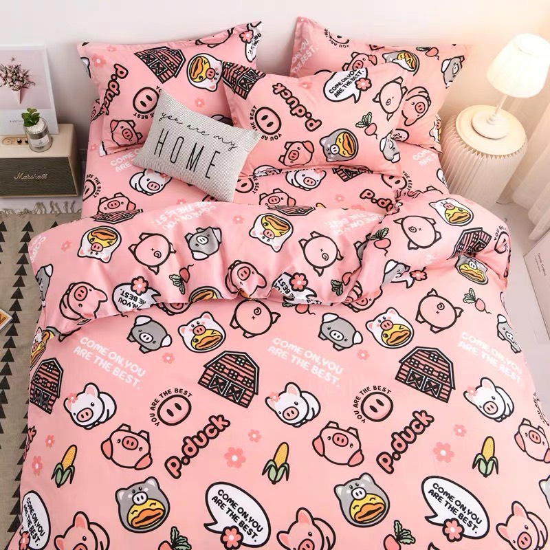 Chăn ga gối Emmibedding chất liệu cotton poly họa tiết nông trại lợn đáng yêu đủ size miễn phí bo chun