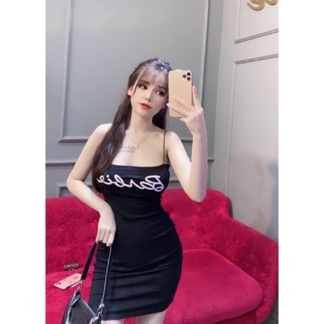 Đầm body 2 dây cọng bún in babie chất thun borip cao cấp