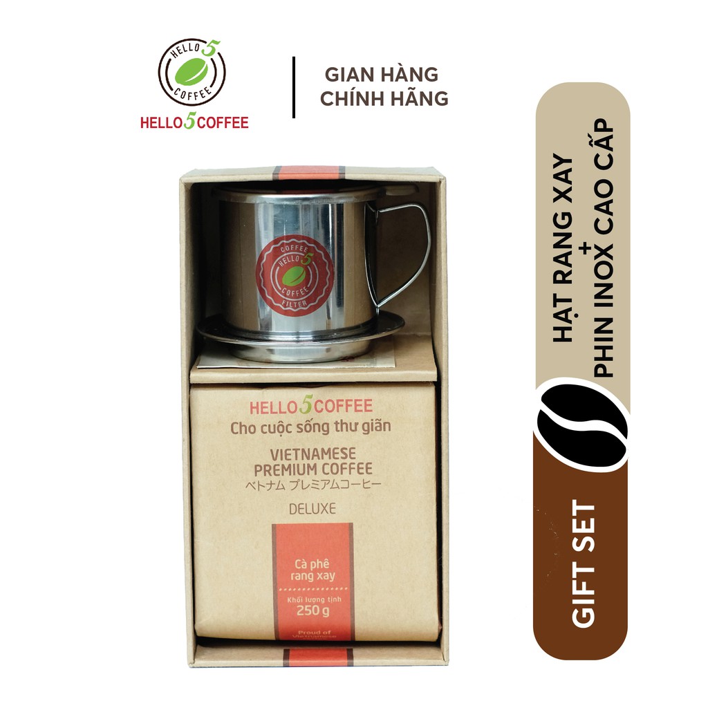 Hello 5 Coffee Giftset - Cafe Pha Phin DELUXE 250g + Phin Inox cao cấp