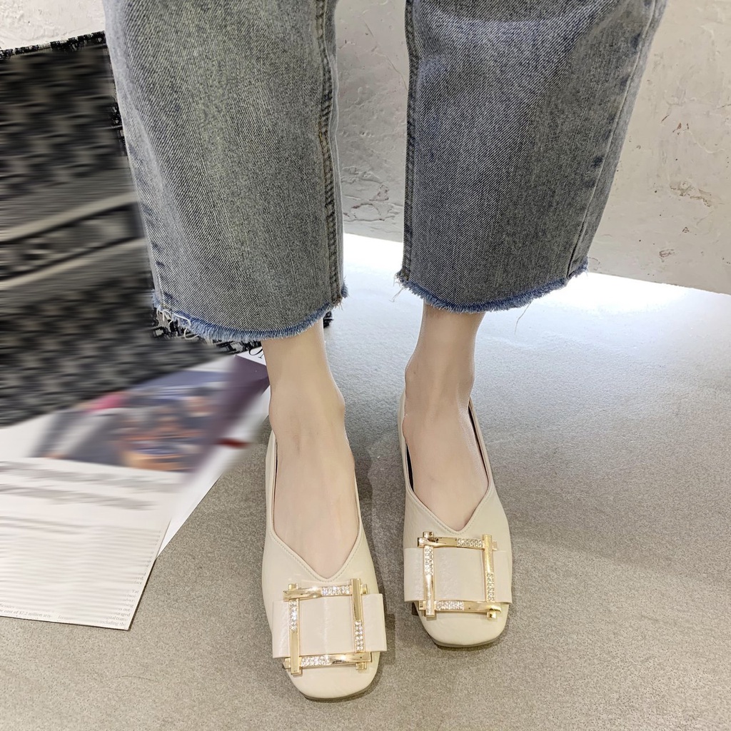 Giày Búp Bê Đế Mềm Mũi Vuông Phối Khóa Kim Loại Thời Trang Dành Cho Nữ