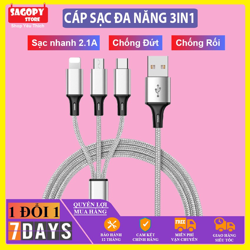 Dây Cáp Sạc Điện Thoại Đa Năng 2.1A bọc dù 3 đầu sạc cho Iphone ip Samsung Oppo giá rẻ hàng tốt như Hoco Anker