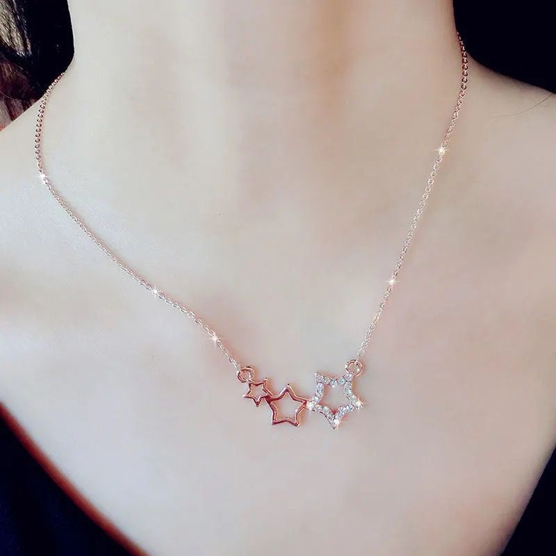 Dây Chuyền Thép Titan Mặt Đá Pha Lê Màu Hồng/Vàng Hồng Đơn Giản Cho Nữ
