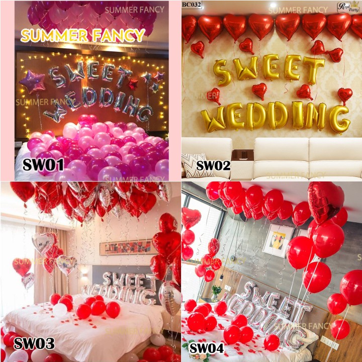Set chữ SWEET WEDDING + phụ kiện, TẶNG Bơm keo - trang trí phòng cưới bong bóng kiếng valentine happy Foil balloon