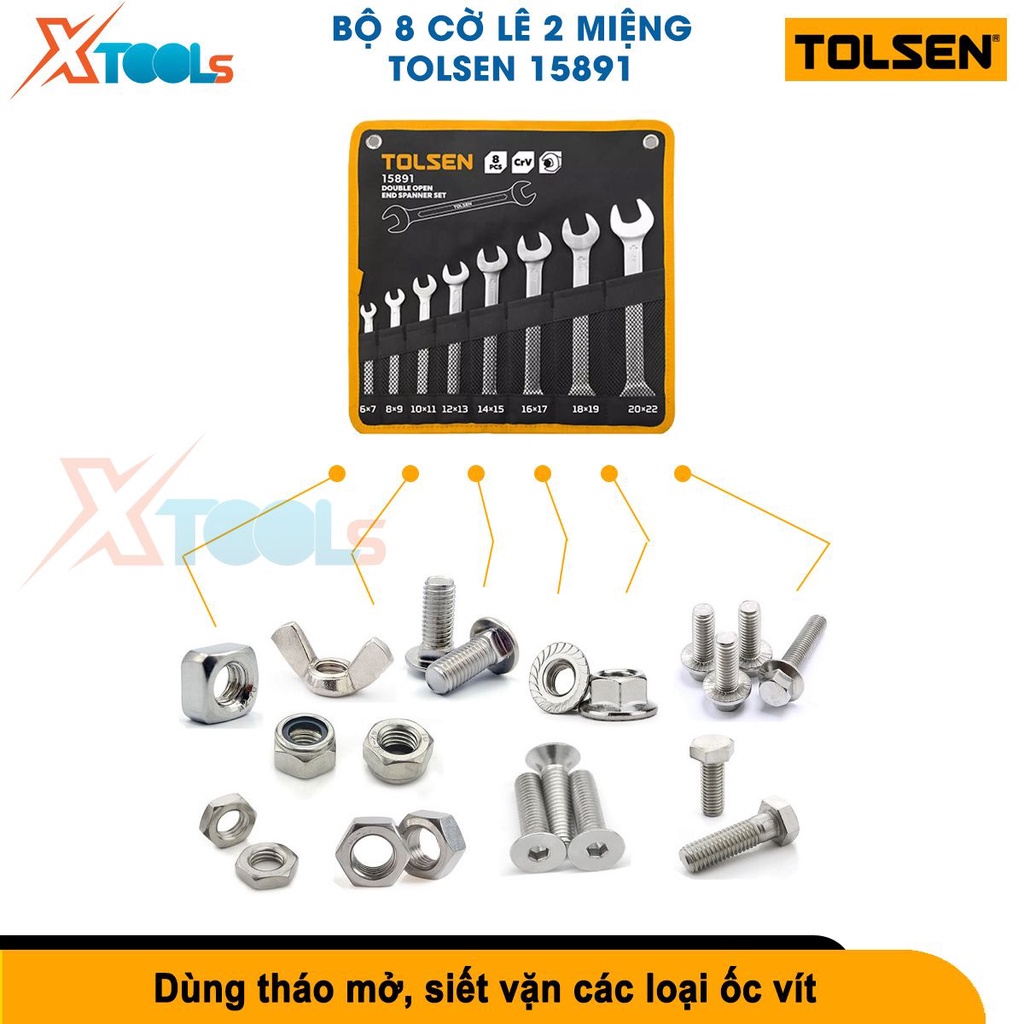 Bộ cờ lê 2 đầu miệng Tolsen 15891 nhiều size từ 6-22mm, thép Cr-V cứng cáp, túi đựng bằng vải [CHÍNH HÃNG][XTOOLS]
