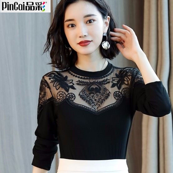 Áo thun vải nhung dài tay phối ren tr thu đông ấm áp cỡ lớn cho nữ