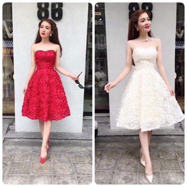 Đầm xoè ren hai dây, cúp ngực hoa hồng