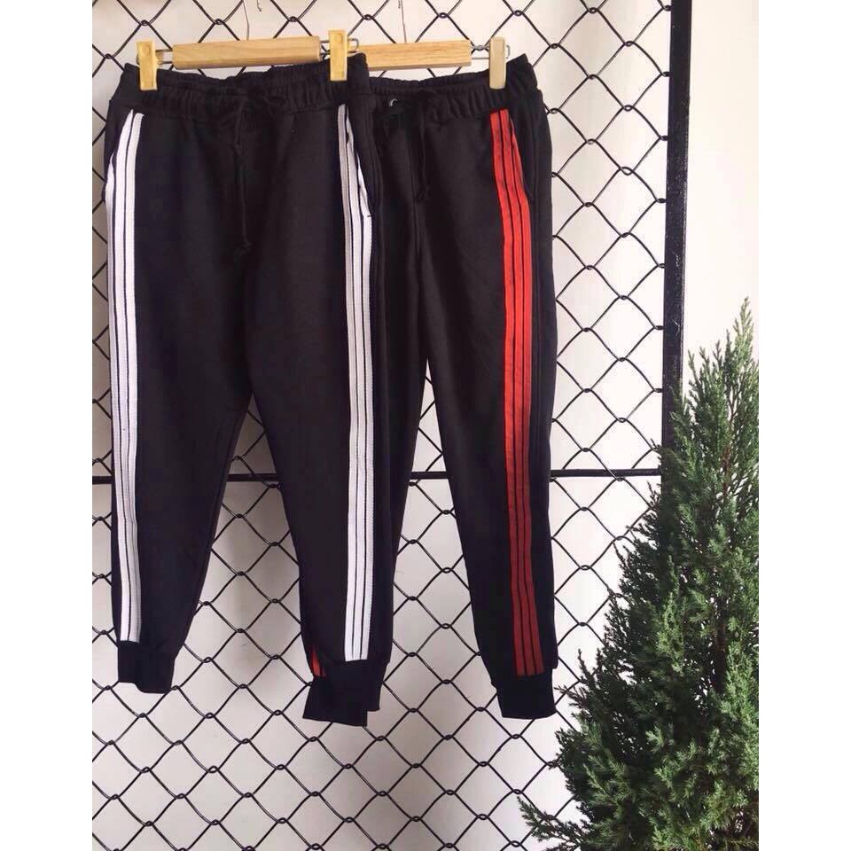 QUẦN JOGGER 3 SỌC UNISEX STREET STYLE  CHẤT NGẦU - FORM RỘNG TRƠN BASIC THUN NỈ DÀY MỊN - ĐEN TRẮNG SỌC VIỀN HÔNG 7