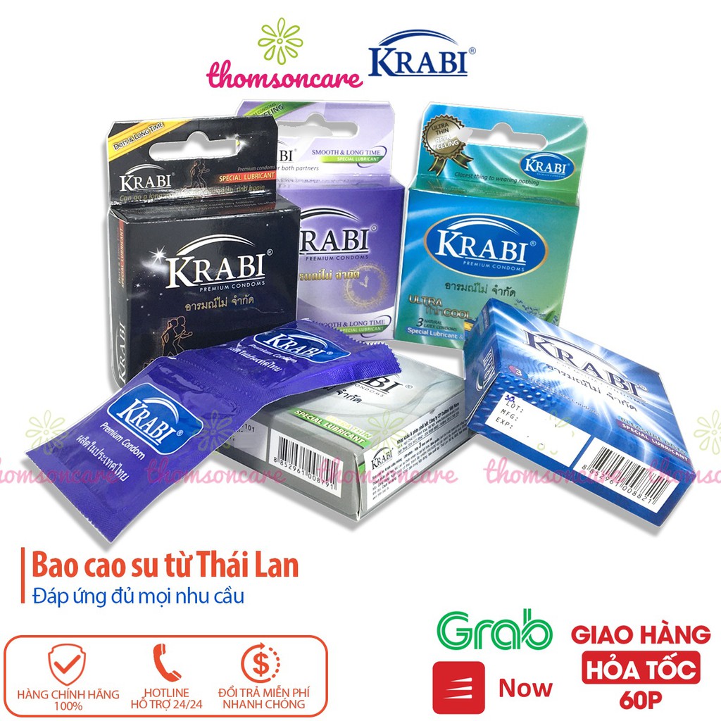 Bao cao su Thái Lan Krabi - bcs siêu mỏng, kéo dài, có gân gai - Hộp 3 chiếc condom