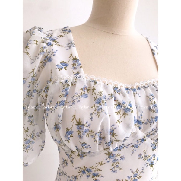 Đầm LAMANT voan hoa kết ren tay nhún