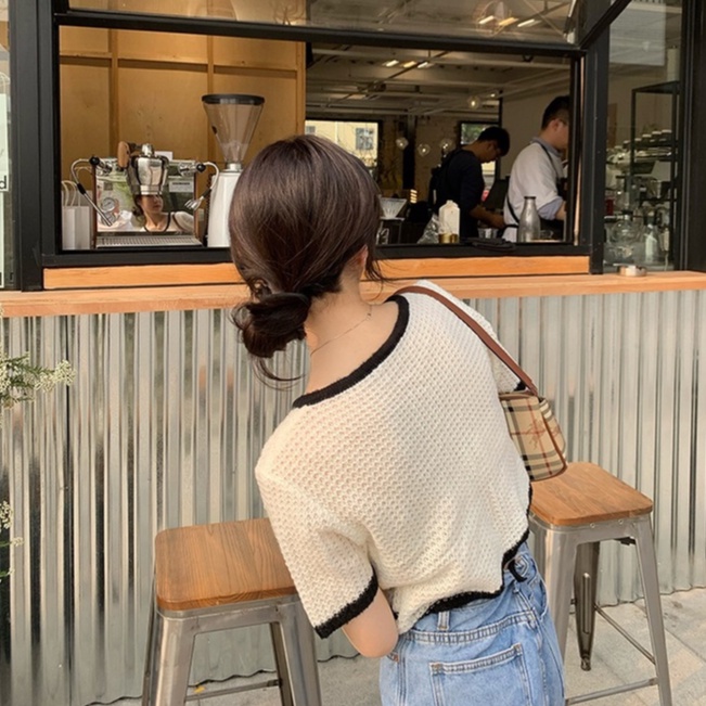 Áo croptop ZHELIHANGFEI dệt kim cổ tròn phối nút thời trang cho nữ