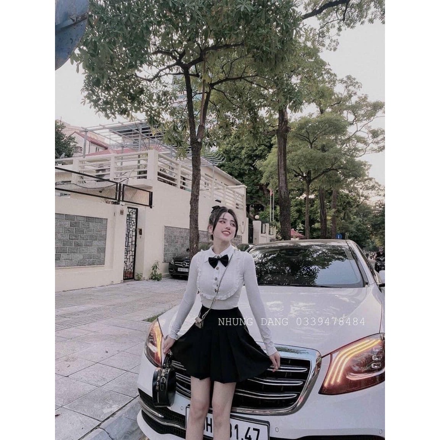 AN159 - ÁO ZIP NƠ PHÔI BÈO THÂN TRƯỚC 2 MÀU ĐEN TRẮNG NỮ