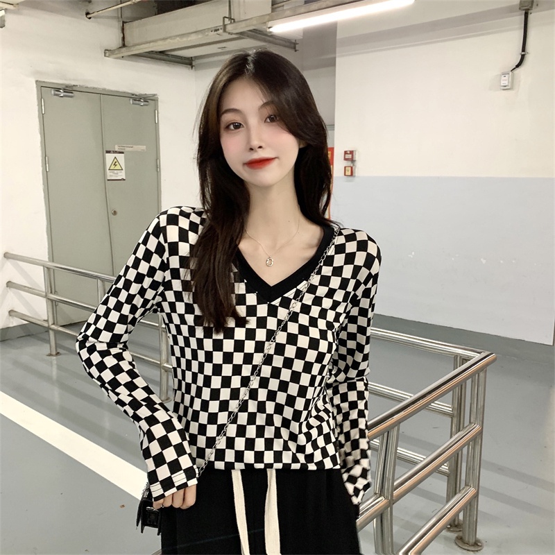 Áo thun ZHELIHANGFEI tay dài cổ chữ V họa tiết sọc caro thời trang