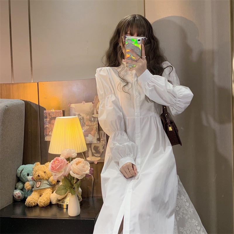 Váy sơ mi trắng dáng dài tay bồng