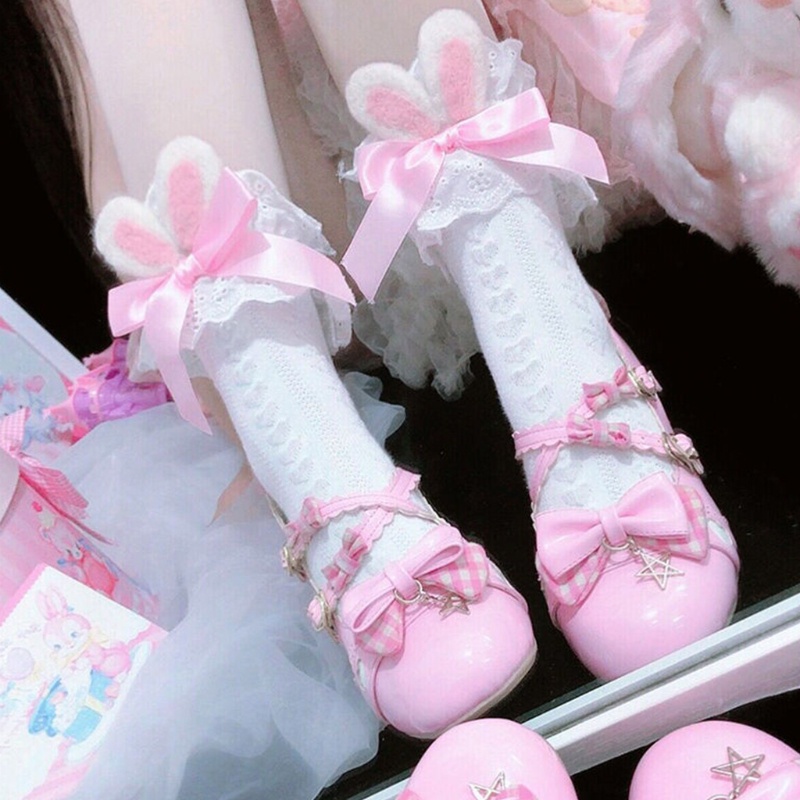 Tất Cotton Dệt Kim Đính Nơ Tai Thỏ 3D Phong Cách Lolita Cho Nữ
