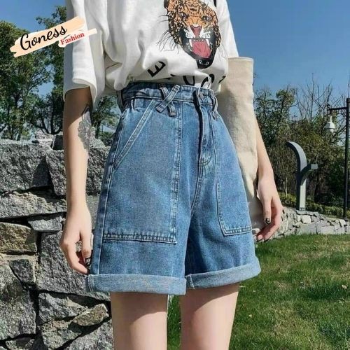 Quần short jeans nữ Goness cạp cao trơn màu xanh denim phong cách Hàn Quốc qs256