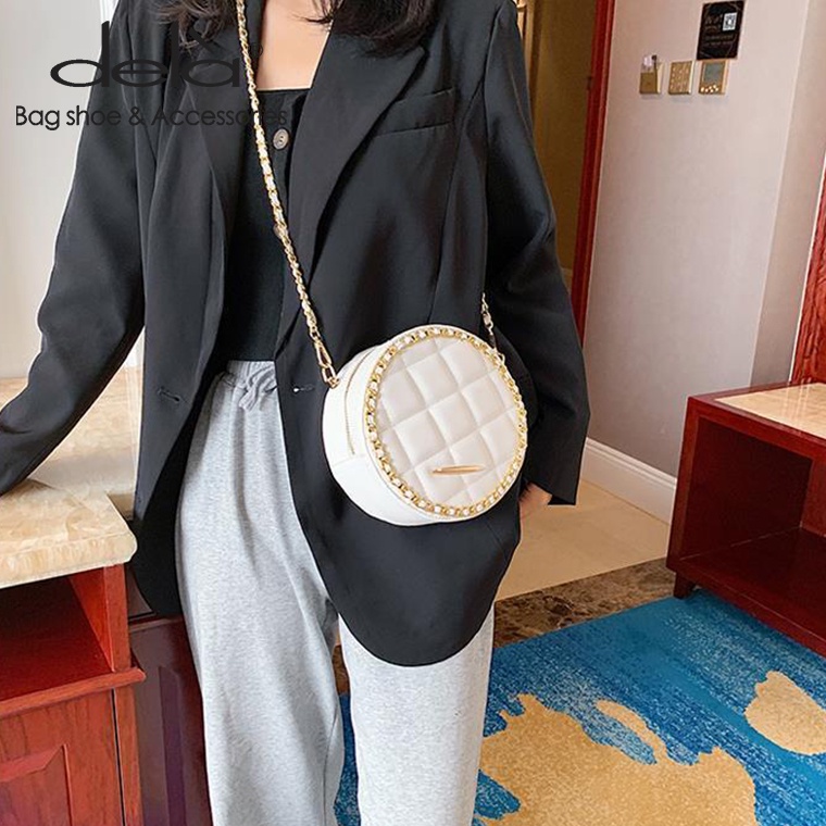 Dela Túi Đeo Vai Hình Tròn Cỡ Nhỏ Phối Dây Xích Thời Trang Xu Hướng Cho Nữ