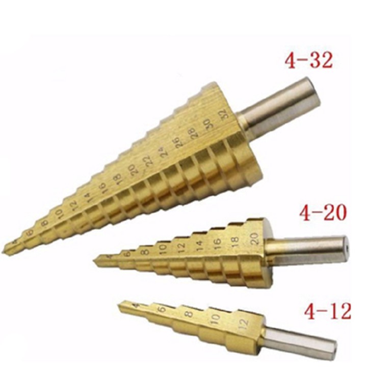 Bộ 3 mũi khoan bước (khoan tháp,bậc,nón) thẳng 4-32mm phủ titanium