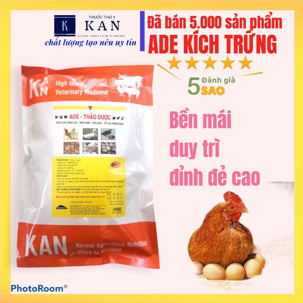 Siêu kích đẻ, kích trứng, tăng sản lượng, vỏ trứng dày, bền mái ADE thảo dược cho ngan, gà, vịt, cút gói 1kg