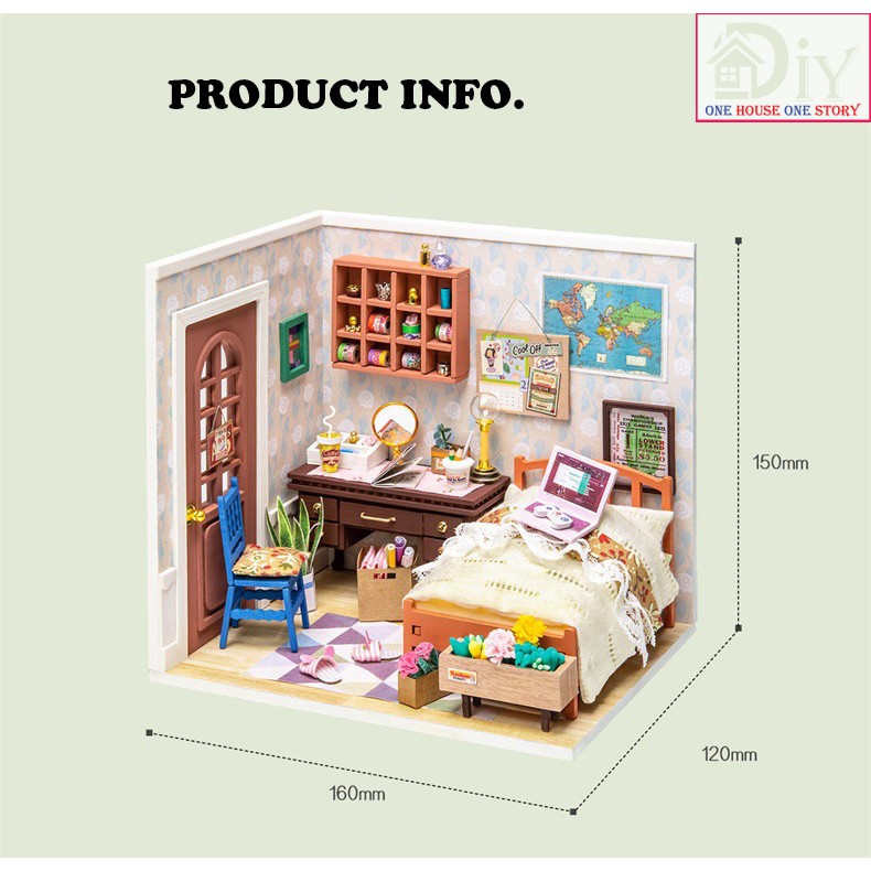 [Bản tiếng Anh]Mô hình nhà búp bê lắp ráp bằng gỗ DIY ANNIE BEDROOM mã DGM08  (Kèm keo + LED)- Quà tặng tự làm bằng gỗ