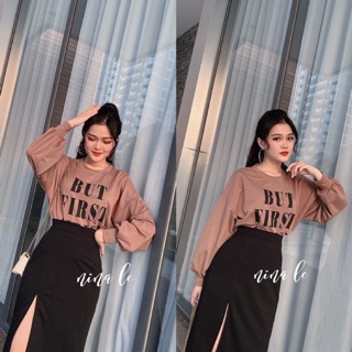 Áo croptop tay dài form rộng in chữ