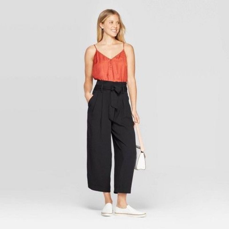 Quần trouser đen ống rộng cạp cao Zenic VNXK quần tây công sở culottes có đai buộc nơ xuất khẩu dư xịn