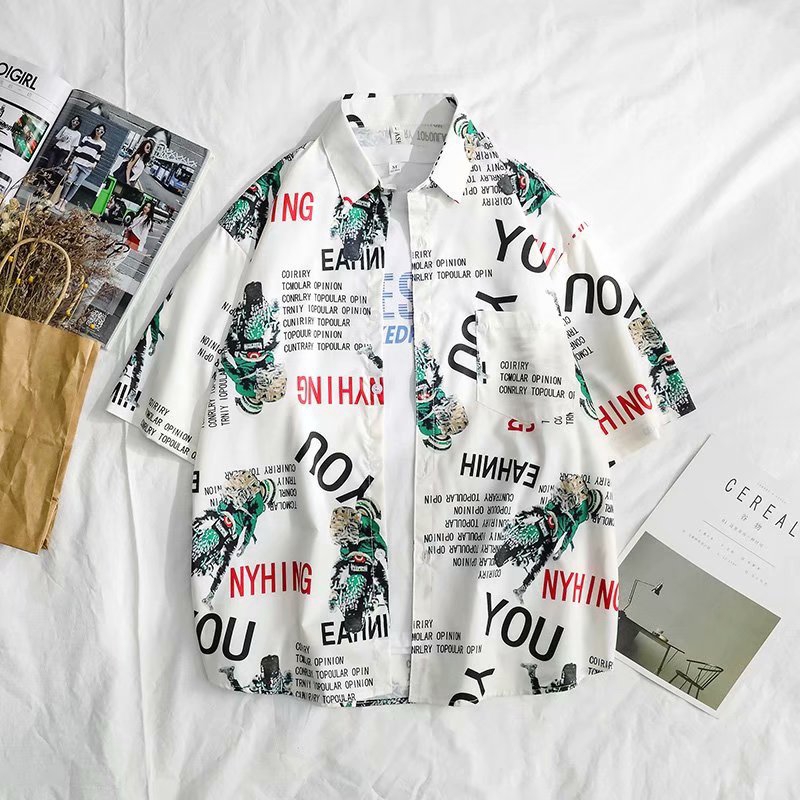 YJ Ღ『M-3XL』Spot Real Shot New Summer Trend Urban Fashion Wild Loose Comfortable Irregular English Printing Printed Men's Short-sleeved Shirt