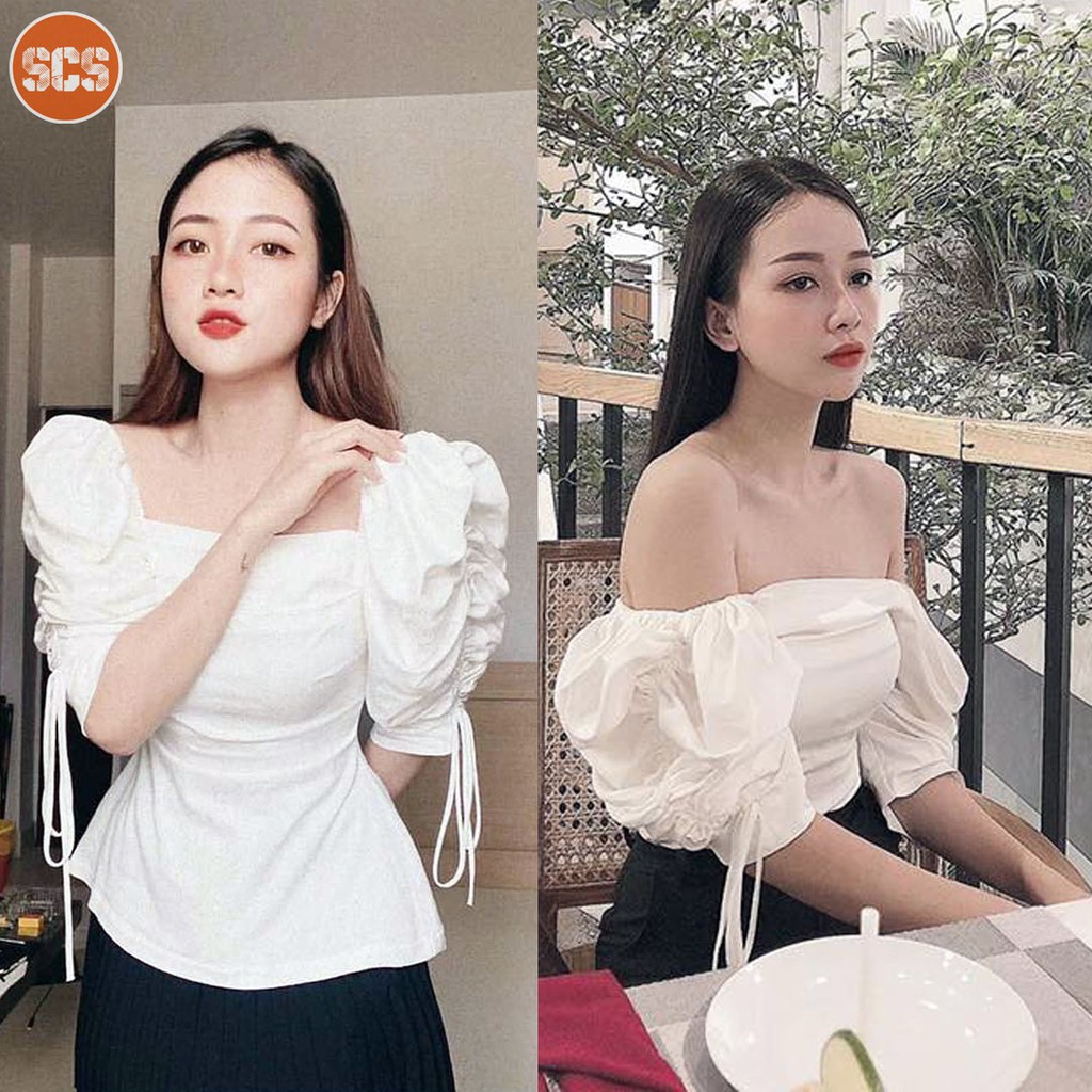 Áo peplum cổ vuông tay rút màu trắng siêu dễ thương