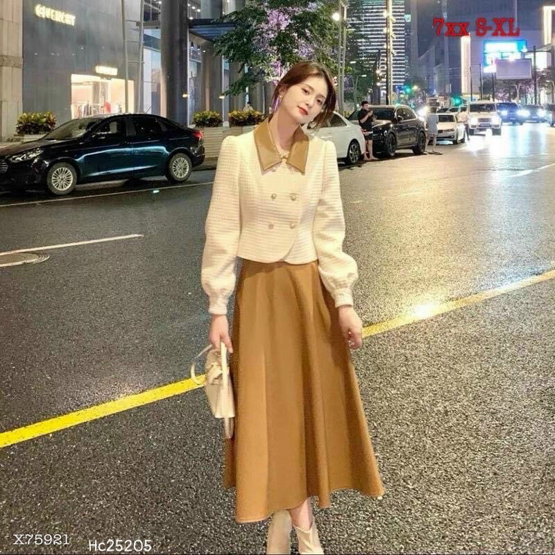 H1-Set áo cổ phối và chân váy xoè